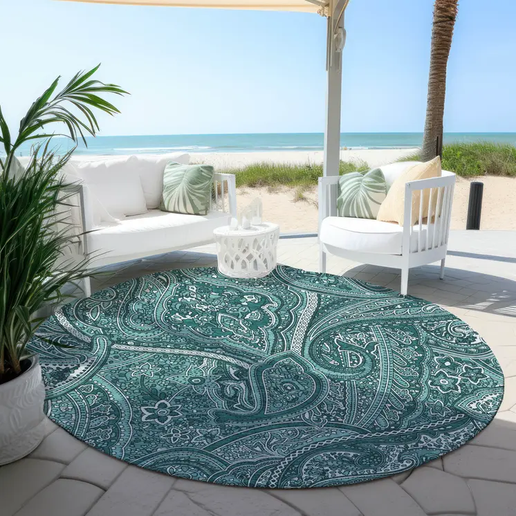 8' Teal Blue Aqua And Ivory Round Paisley Washable Indoor Outdoor Area Rug