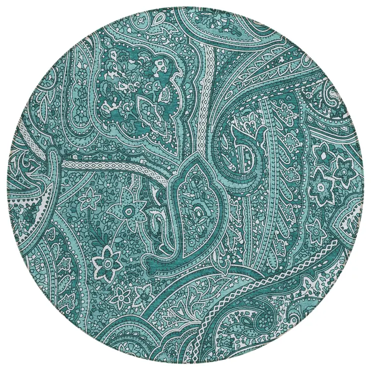 8' Teal Blue Aqua And Ivory Round Paisley Washable Indoor Outdoor Area Rug