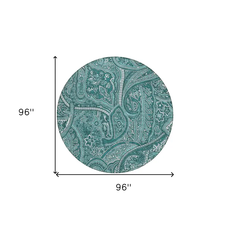8' Teal Blue Aqua And Ivory Round Paisley Washable Indoor Outdoor Area Rug
