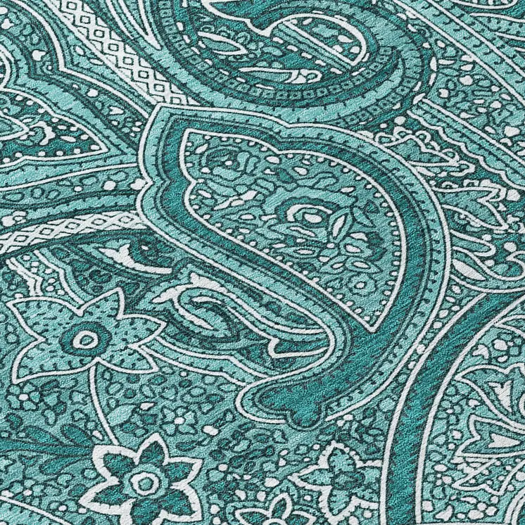 8' Teal Blue Aqua And Ivory Round Paisley Washable Indoor Outdoor Area Rug