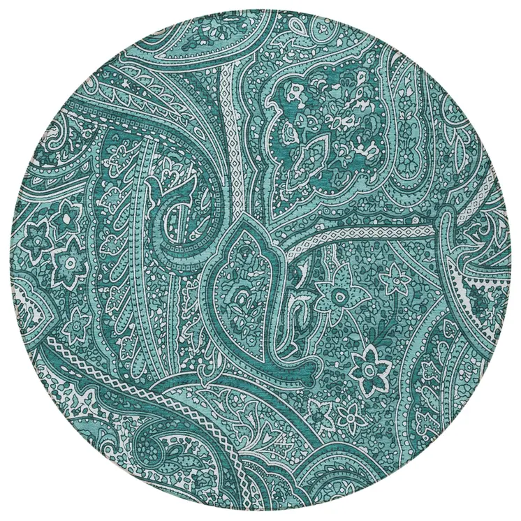8' Teal Blue Aqua And Ivory Round Paisley Washable Indoor Outdoor Area Rug