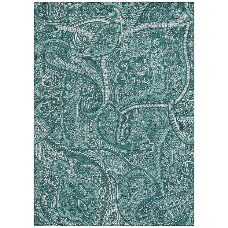 8' X 10' Teal Blue Aqua And Ivory Paisley Washable Indoor Outdoor Area Rug