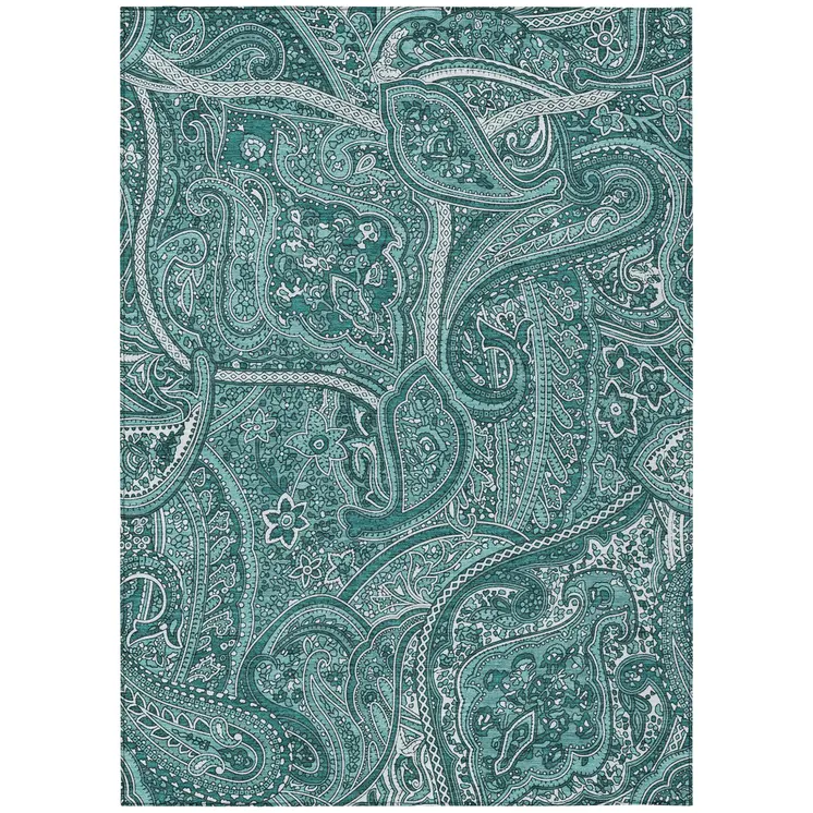 8' X 10' Teal Blue Aqua And Ivory Paisley Washable Indoor Outdoor Area Rug