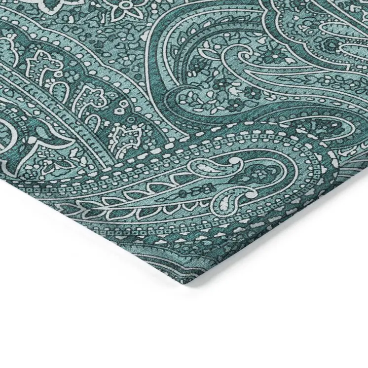 8' X 10' Teal Blue Aqua And Ivory Paisley Washable Indoor Outdoor Area Rug