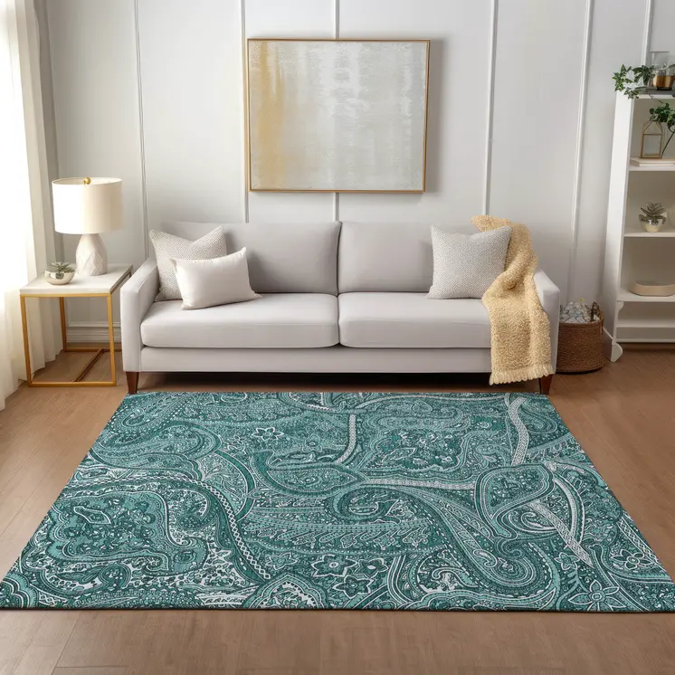8' X 10' Teal Blue Aqua And Ivory Paisley Washable Indoor Outdoor Area Rug