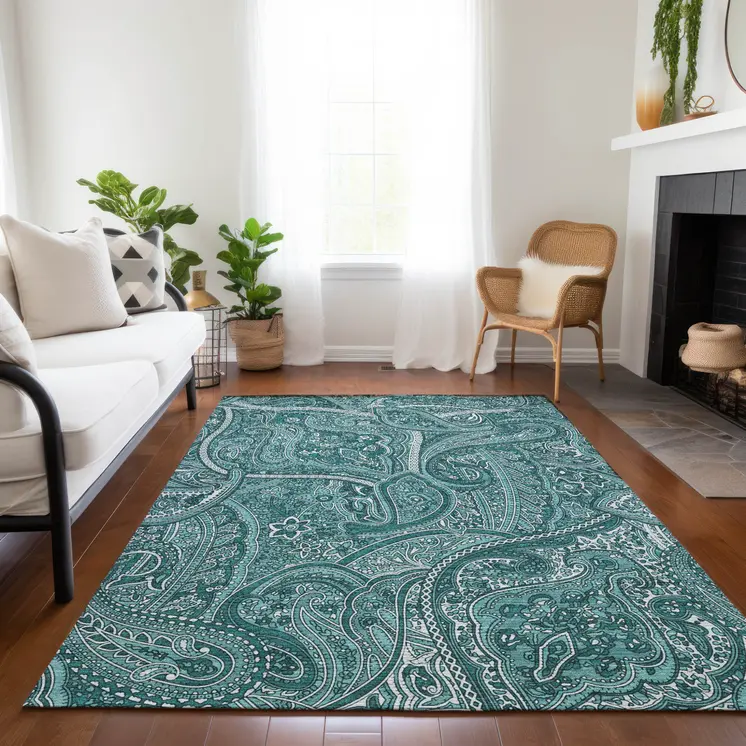 8' X 10' Teal Blue Aqua And Ivory Paisley Washable Indoor Outdoor Area Rug