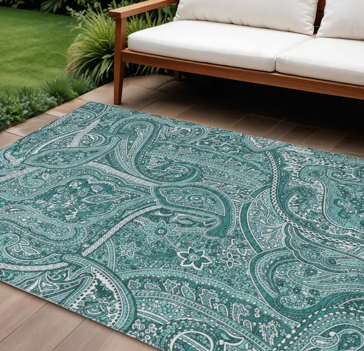 9' X 12' Teal Blue Aqua And Ivory Paisley Washable Indoor Outdoor Area Rug