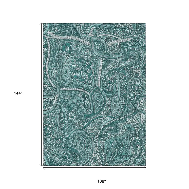 9' X 12' Teal Blue Aqua And Ivory Paisley Washable Indoor Outdoor Area Rug