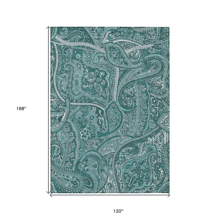 10' X 14' Teal Blue Aqua And Ivory Paisley Washable Indoor Outdoor Area Rug