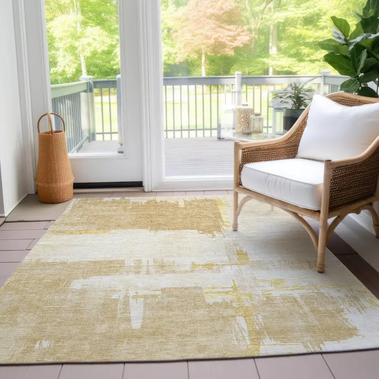 3' X 5' Beige Gold And Tan Abstract Washable Indoor Outdoor Area Rug