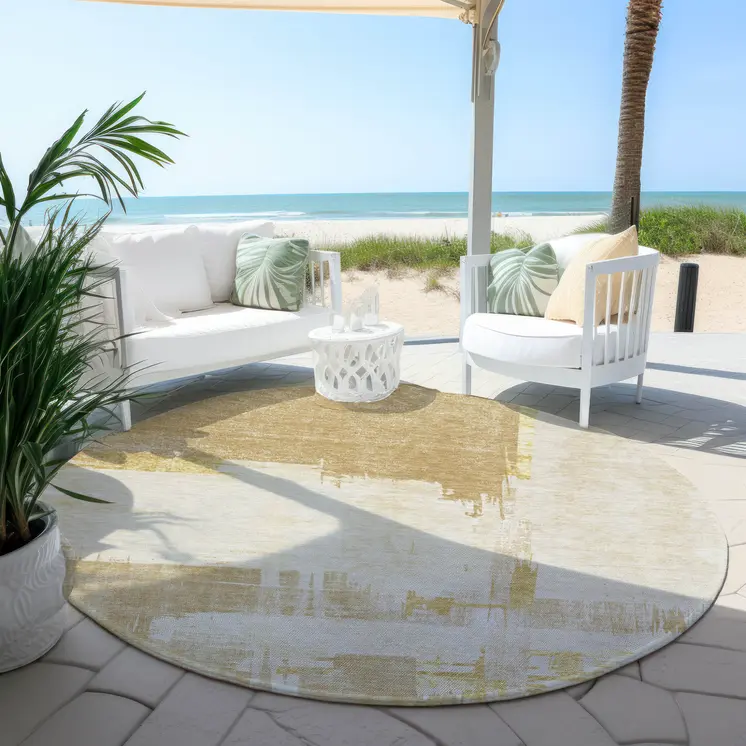 8' Beige Gold And Tan Round Abstract Washable Indoor Outdoor Area Rug