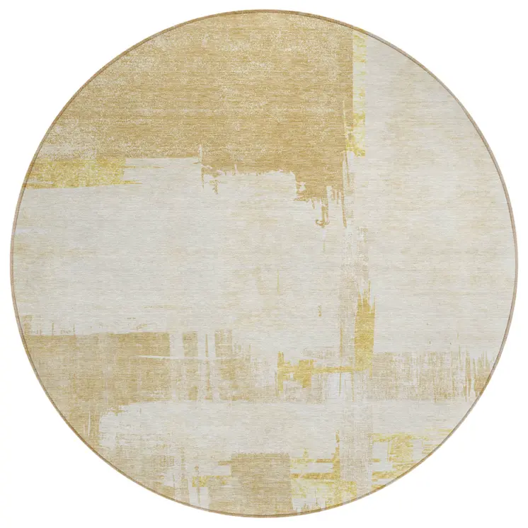 8' Beige Gold And Tan Round Abstract Washable Indoor Outdoor Area Rug