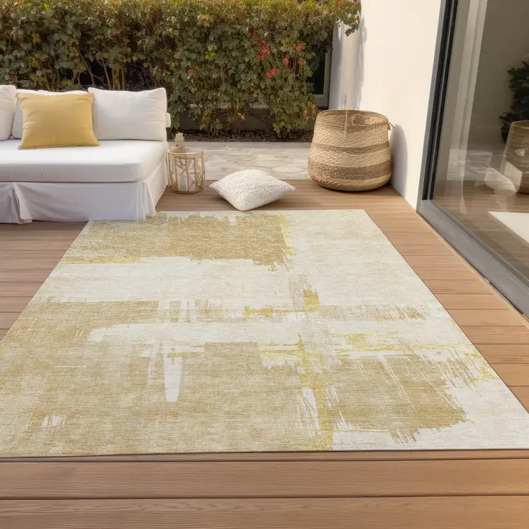8' X 10' Beige Gold And Tan Abstract Washable Indoor Outdoor Area Rug