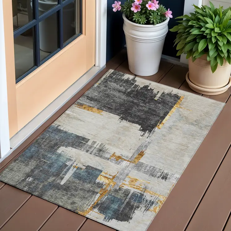 3' X 5' Charcoal Gray And Tan Abstract Washable Indoor Outdoor Area Rug