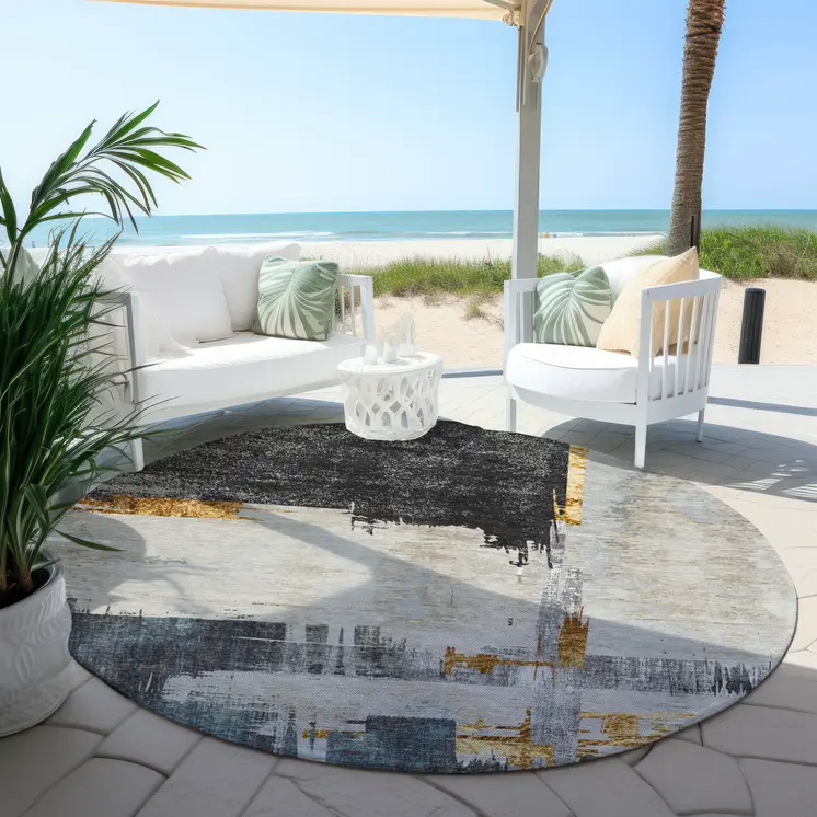 8' Charcoal Gray And Tan Round Abstract Washable Indoor Outdoor Area Rug