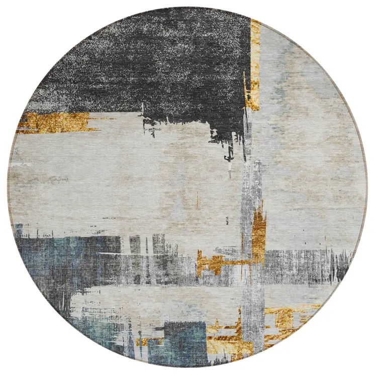 8' Charcoal Gray And Tan Round Abstract Washable Indoor Outdoor Area Rug