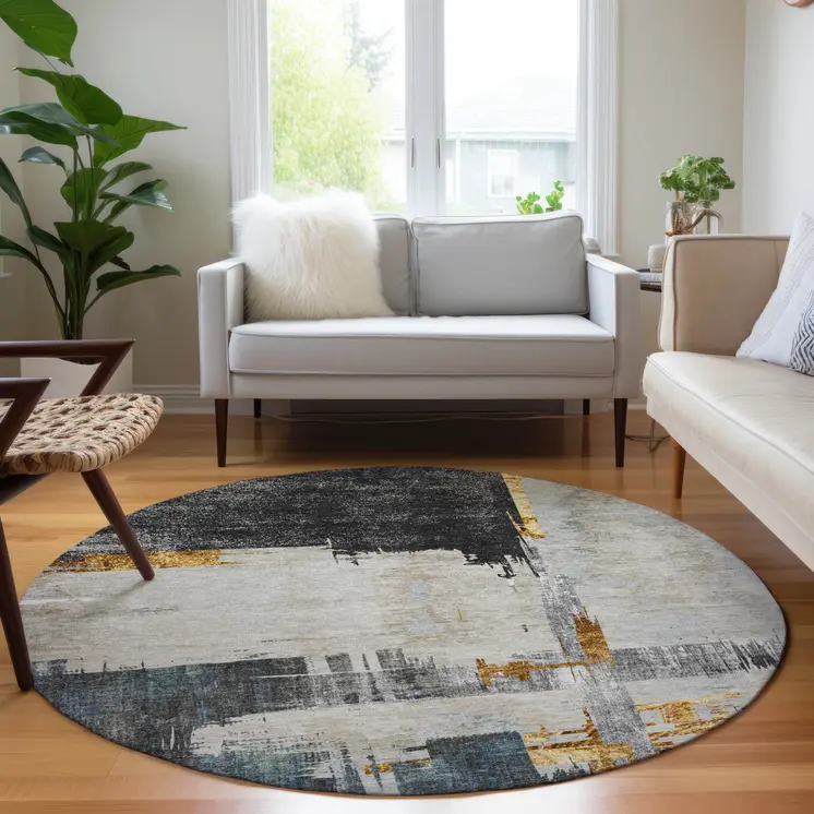 8' Charcoal Gray And Tan Round Abstract Washable Indoor Outdoor Area Rug