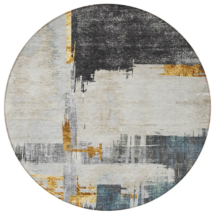 8' Charcoal Gray And Tan Round Abstract Washable Indoor Outdoor Area Rug