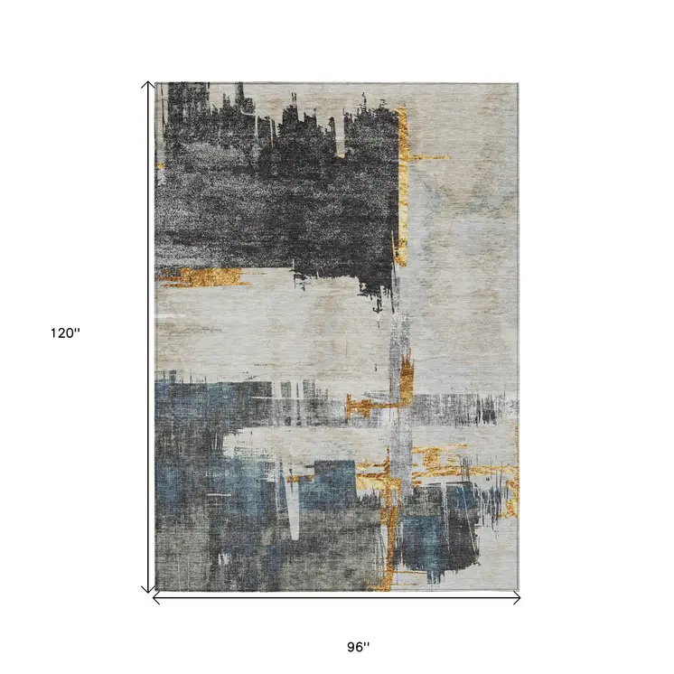 8' X 10' Charcoal Gray And Tan Abstract Washable Indoor Outdoor Area Rug