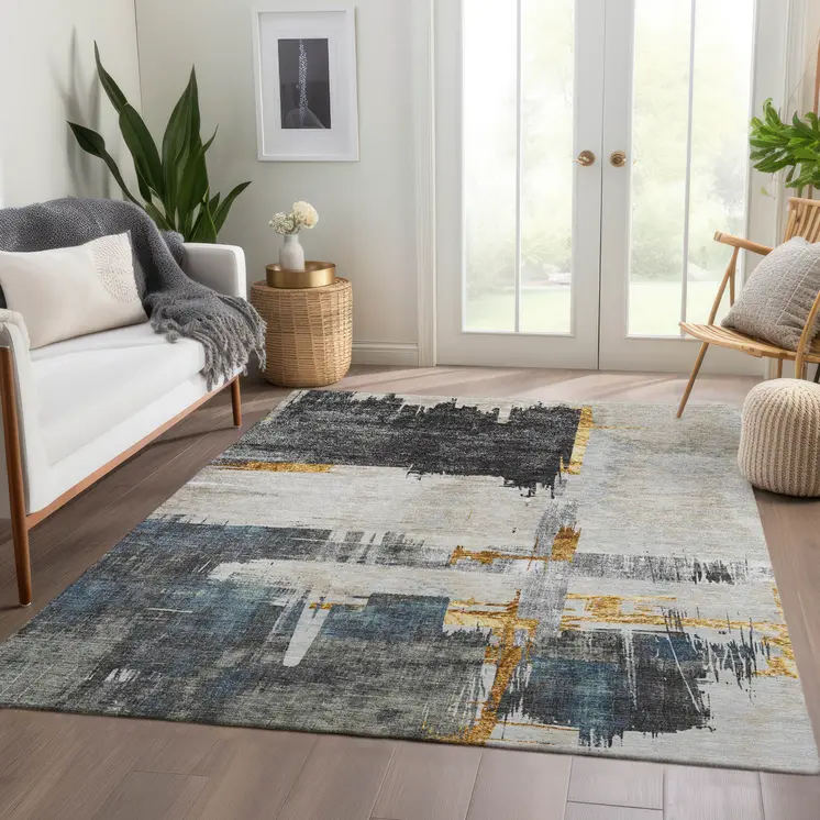 8' X 10' Charcoal Gray And Tan Abstract Washable Indoor Outdoor Area Rug