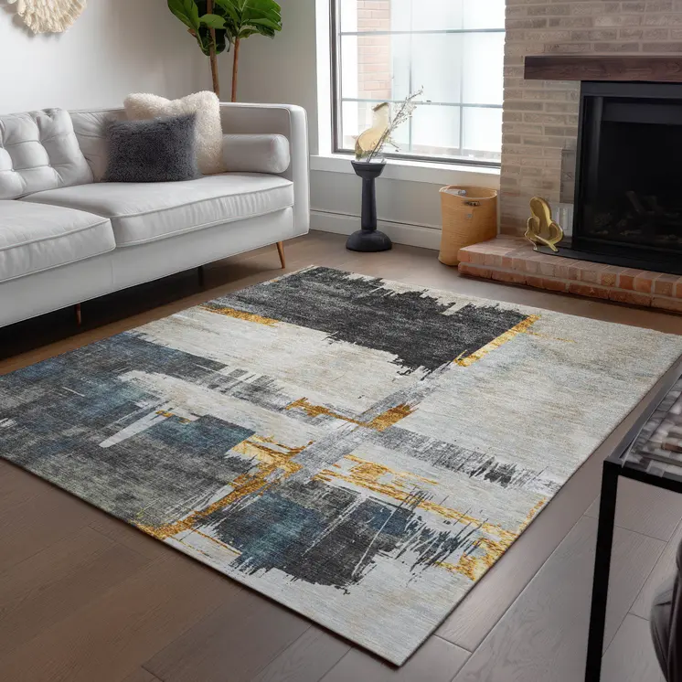 8' X 10' Charcoal Gray And Tan Abstract Washable Indoor Outdoor Area Rug