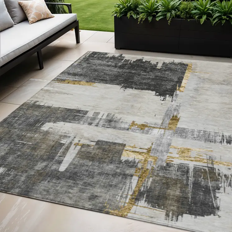 5' X 8' Gray And Tan Abstract Washable Indoor Outdoor Area Rug