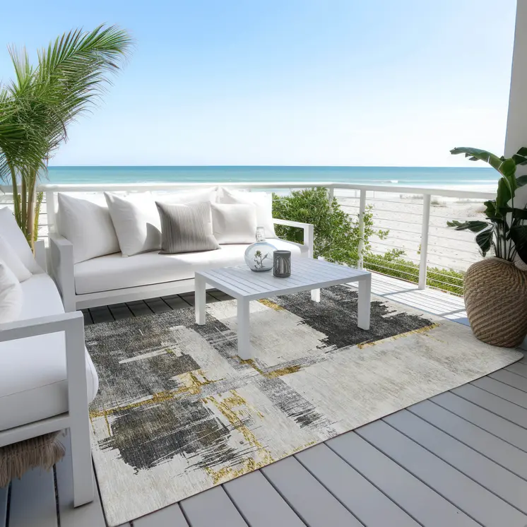 5' X 8' Gray And Tan Abstract Washable Indoor Outdoor Area Rug