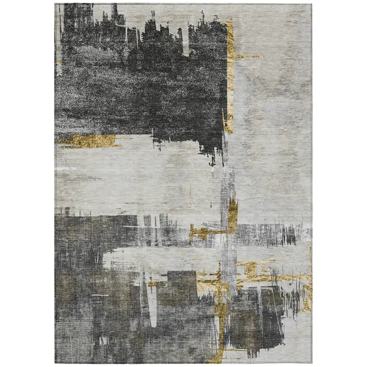 5' X 8' Gray And Tan Abstract Washable Indoor Outdoor Area Rug