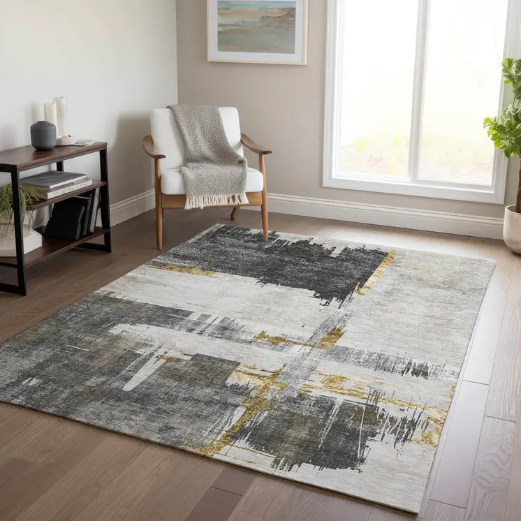 5' X 8' Gray And Tan Abstract Washable Indoor Outdoor Area Rug