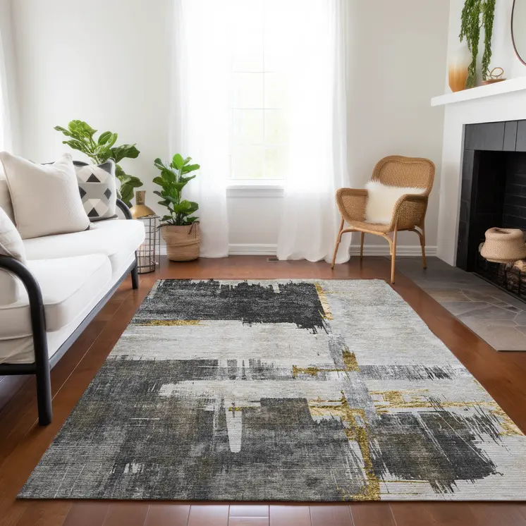 5' X 8' Gray And Tan Abstract Washable Indoor Outdoor Area Rug