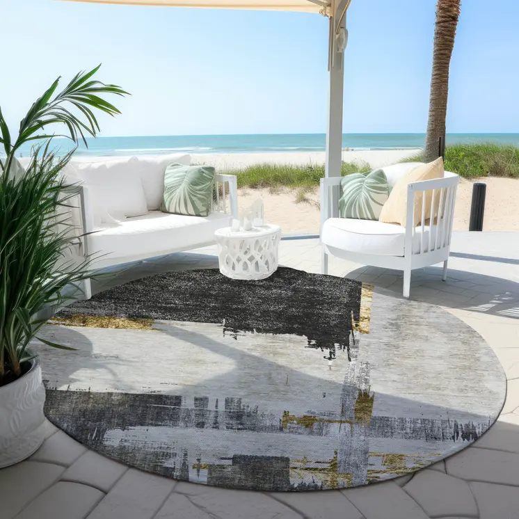 8' Gray And Tan Round Abstract Washable Indoor Outdoor Area Rug