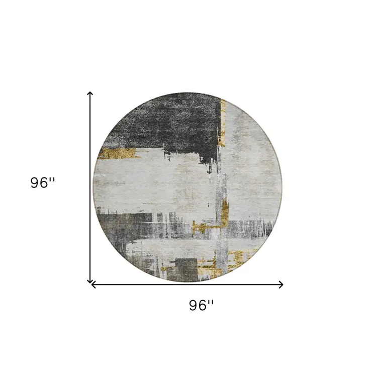 8' Gray And Tan Round Abstract Washable Indoor Outdoor Area Rug