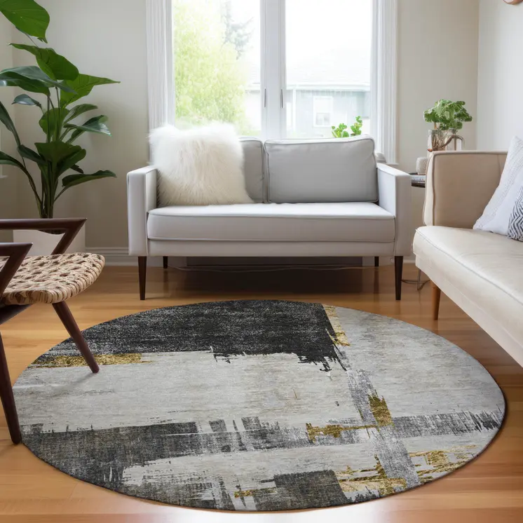 8' Gray And Tan Round Abstract Washable Indoor Outdoor Area Rug