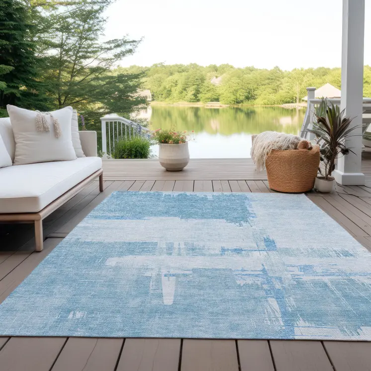 3' X 5' Sky Blue And Denim Blue Abstract Washable Indoor Outdoor Area Rug