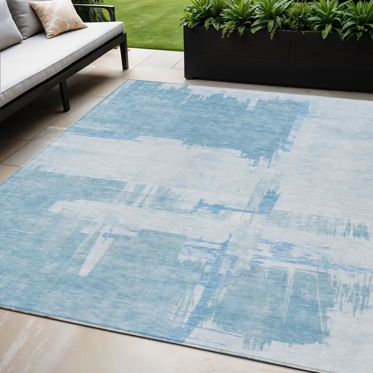 5' X 8' Sky Blue And Denim Blue Abstract Washable Indoor Outdoor Area Rug