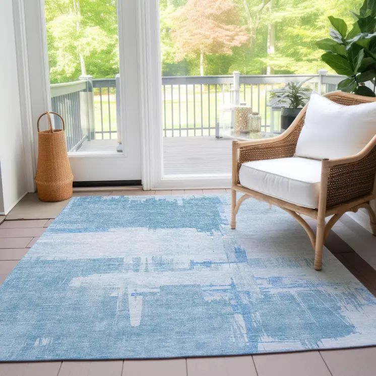 5' X 8' Sky Blue And Denim Blue Abstract Washable Indoor Outdoor Area Rug