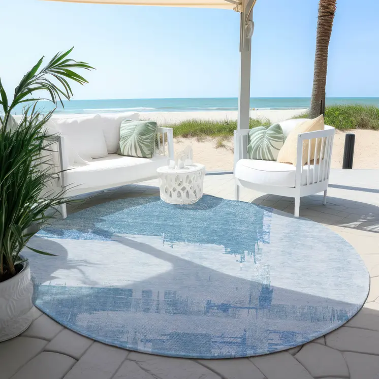 8' Sky Blue And Denim Blue Round Abstract Washable Indoor Outdoor Area Rug