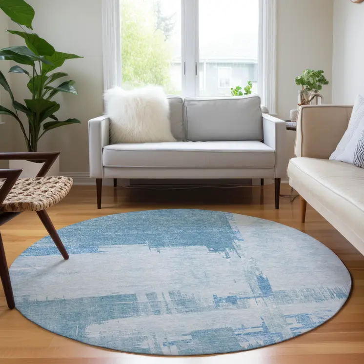 8' Sky Blue And Denim Blue Round Abstract Washable Indoor Outdoor Area Rug