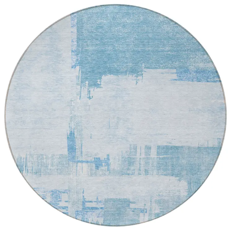 8' Sky Blue And Denim Blue Round Abstract Washable Indoor Outdoor Area Rug