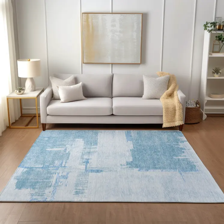 8' X 10' Sky Blue And Denim Blue Abstract Washable Indoor Outdoor Area Rug
