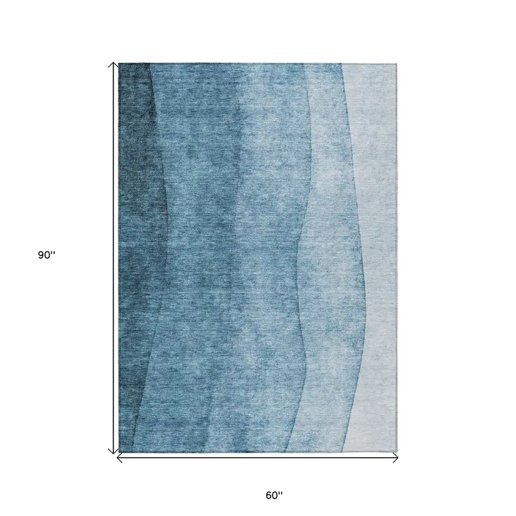 5' X 8' Denim Blue And Navy Blue Ombre Washable Indoor Outdoor Area Rug