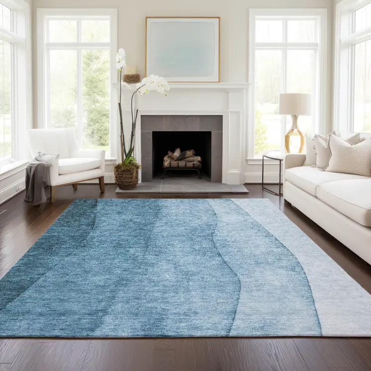 5' X 8' Denim Blue And Navy Blue Ombre Washable Indoor Outdoor Area Rug