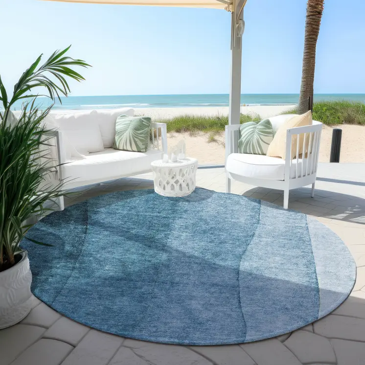 8' Denim Blue And Navy Blue Round Ombre Washable Indoor Outdoor Area Rug