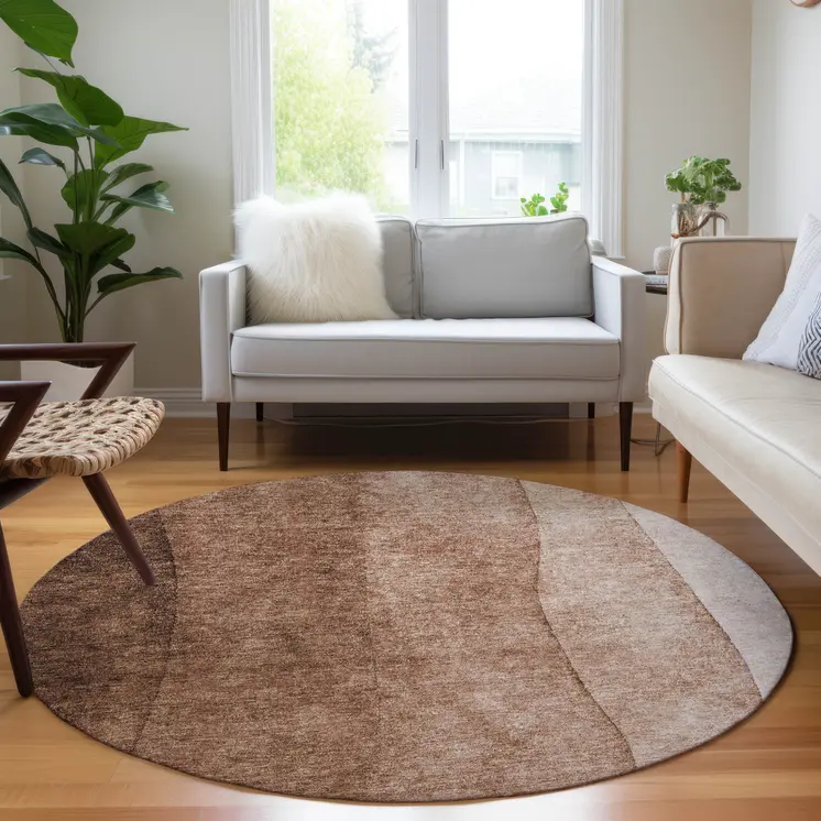8' Brown Beige And Chocolate Round Ombre Washable Indoor Outdoor Area Rug