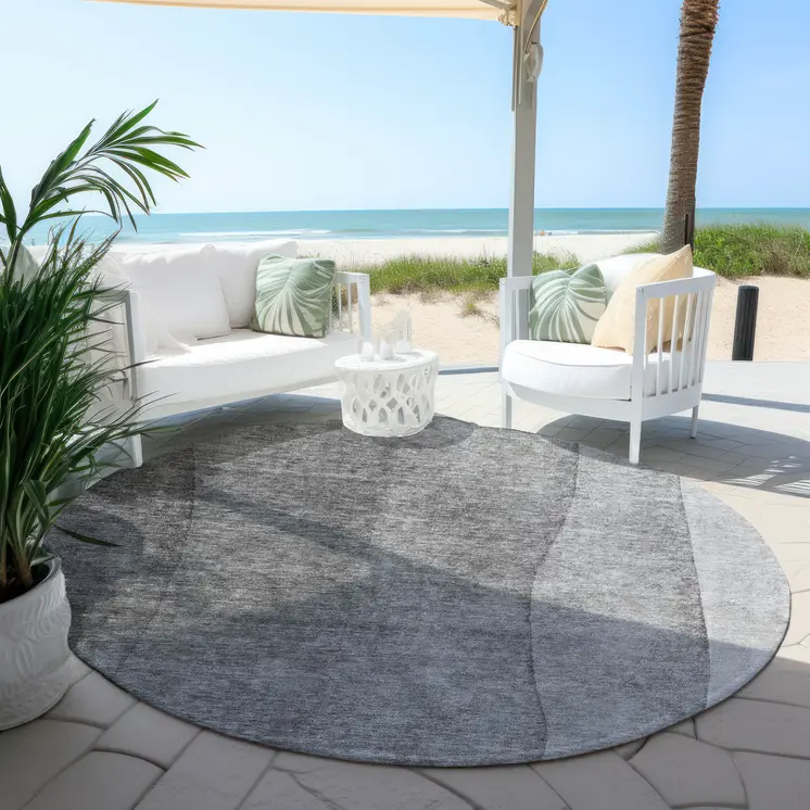8' Gray Silver And Charcoal Round Ombre Washable Indoor Outdoor Area Rug