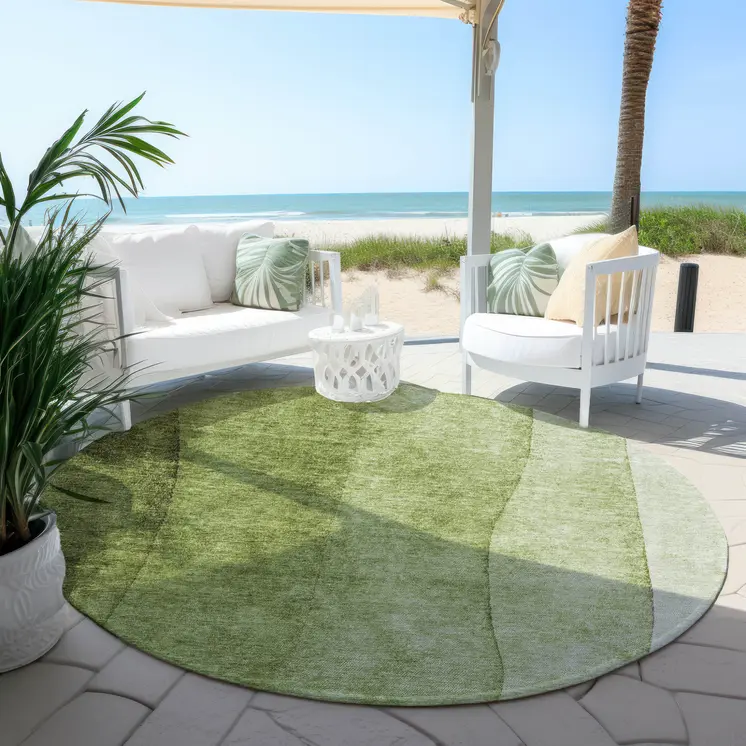 8' Olive Green And Artichoke Green Round Ombre Washable Indoor Outdoor Area Rug