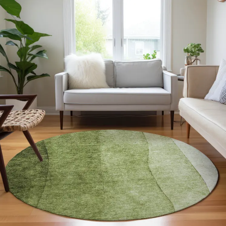 8' Olive Green And Artichoke Green Round Ombre Washable Indoor Outdoor Area Rug