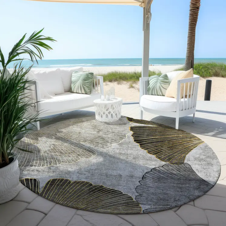 8' Gray Charcoal And Silver Round Floral Washable Indoor Outdoor Area Rug