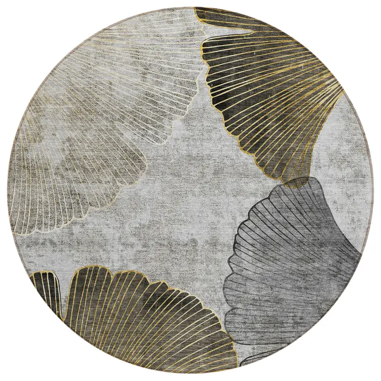 8' Gray Charcoal And Silver Round Floral Washable Indoor Outdoor Area Rug