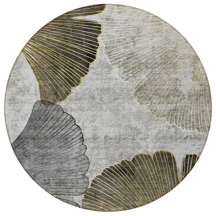 8' Gray Charcoal And Silver Round Floral Washable Indoor Outdoor Area Rug